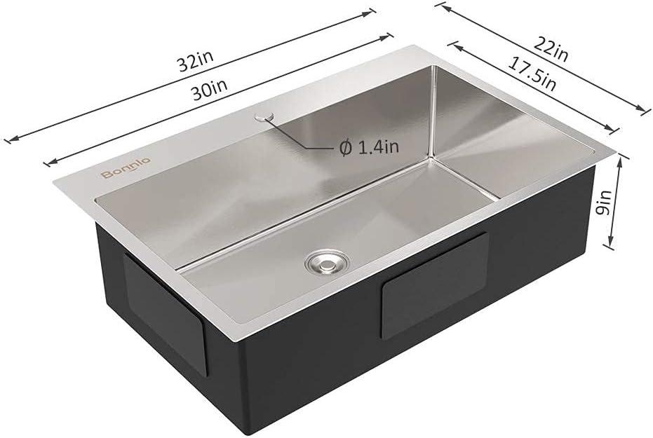 Bonnlo 32 Inch Top mount Kitchen Sink Drop-in, Farmhouse Kitchen Sink with Sink Protector 18 Gauge, Workstation Sink, 304 Stainless Steel Single Bowl Sinks for RV, Travel Trailer, Garage, 32x22x9