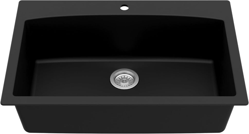 Karran QT-712 33 Inch Drop-In Quartz Composite Single Bowl Kitchen Sink, Top Mount, 1-Hole, Heat & Scratch Resistant, Easy Clean, Black