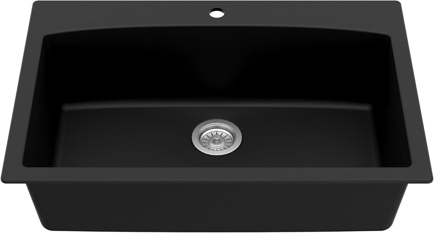 Karran QT-712 33 Inch Drop-In Quartz Composite Single Bowl Kitchen Sink, Top Mount, 1-Hole, Heat & Scratch Resistant, Easy Clean, Black