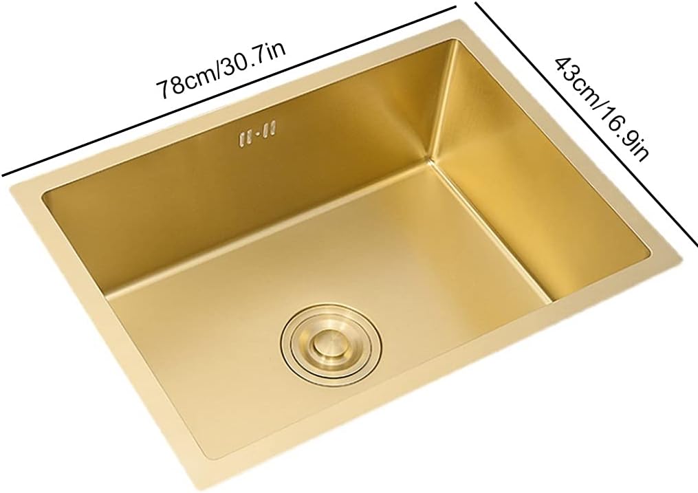 Kitchen Sink 31-inch Single Bowl Single Bowl Counter Large Stainless Steel Bathroom Sink with Pull-Out Faucet and Installation Kit Drop-in Or Undermount (Gold 78×43×21cm)