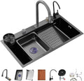 Waterfall Kitchen Sink Versatile Stainless Steel Single-Bowl Kitchen Workstation Sink Waterfall Pull-Down Faucet And Complete Accessory Set Dual-Mount (Color : Black, Size : 68x45x22cm) (Black 75