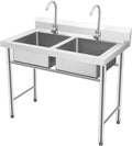2 Compartment Commercial Kitchen Sink, Stainless Steel Freestanding Double Bowl Utility Sink With 2 360° Rotating Faucet Heavy Duty Portable Double Sink for Kitchen Garage(35.8x21.3x40in)