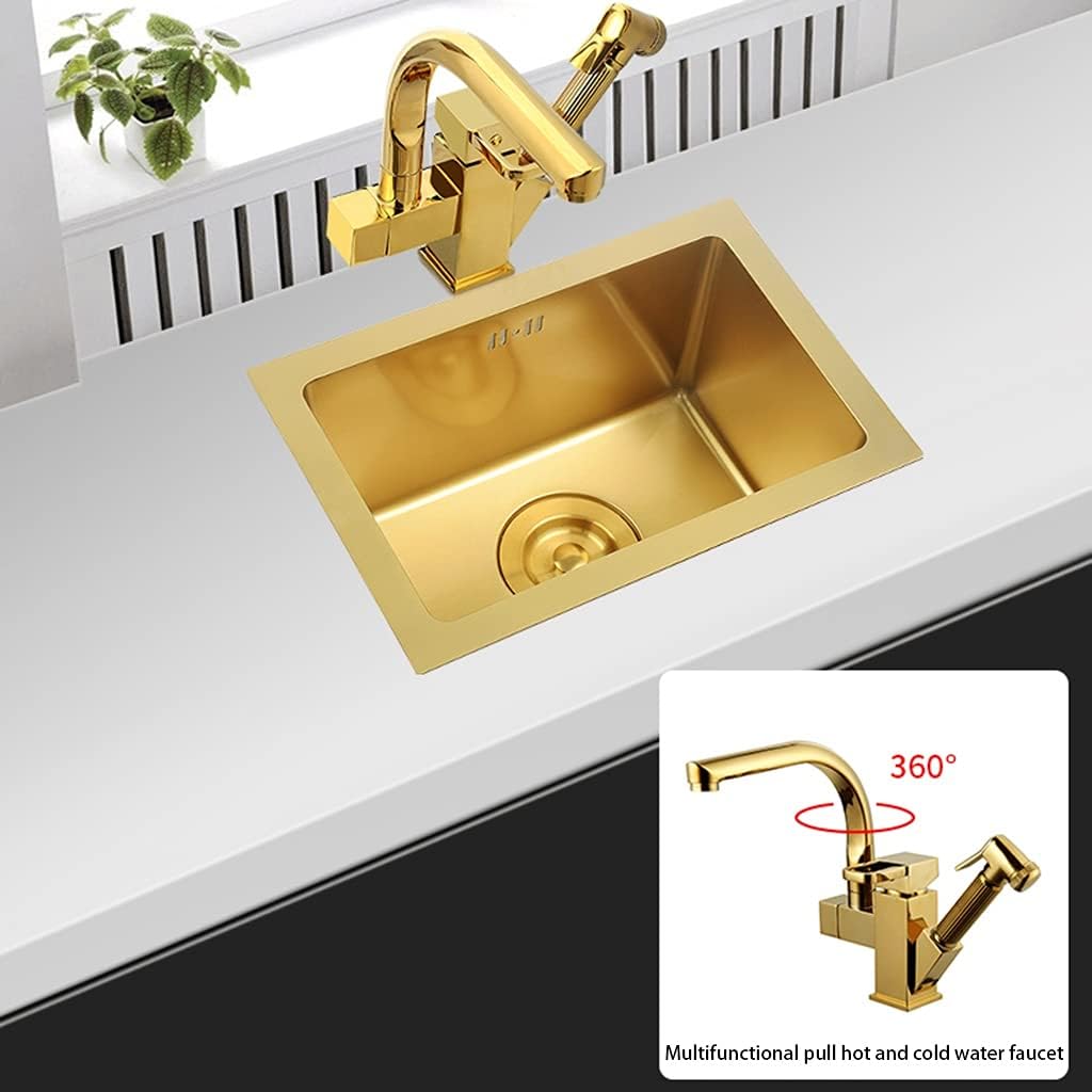 Kitchen Sink Single Bowl Bar Counter Preparation with Faucet and Drain Pipe Drop-in Or Undermountstainless Steel Metal Sink Kitchen Essentials (Color : Gold, Size : 38×38cm) (Gold 36×36cm)