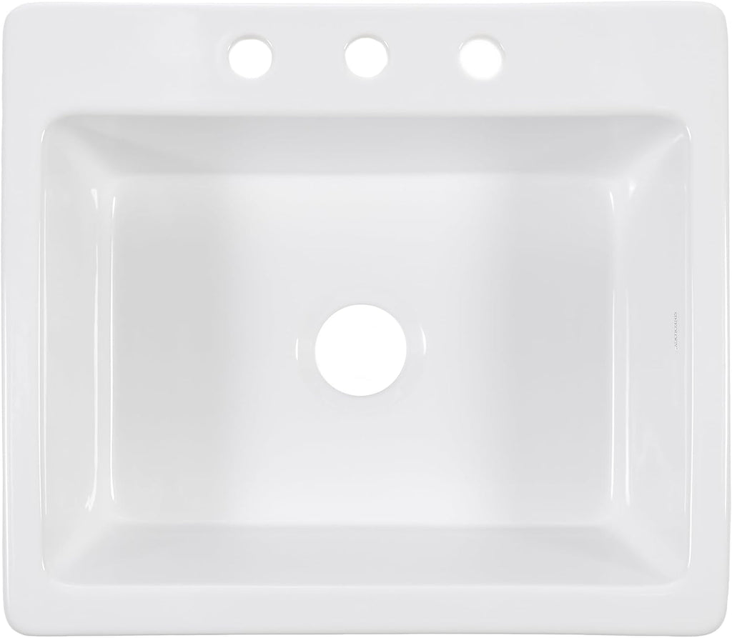 Sinkology Jackson 25 Inch White Fireclay Drop-In Kitchen Sink, Single Bowl, 3 Faucet Holes, Fits 28 Inch Cabinet, Surefire Finish