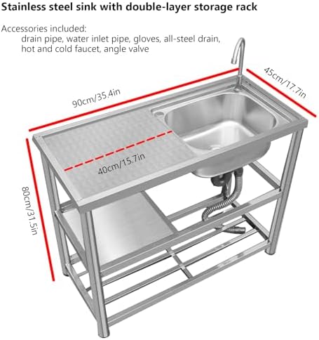 Freestanding Utility Sink,Outdoor Sink Set,32/35/40in Utility Sink,Stainless Steel Sink,Free Standing Stainless-Steel Single Bowl Kitchen Sink Set with fauc(90 * 45 * 80cm/34 * 17.7 * 35in