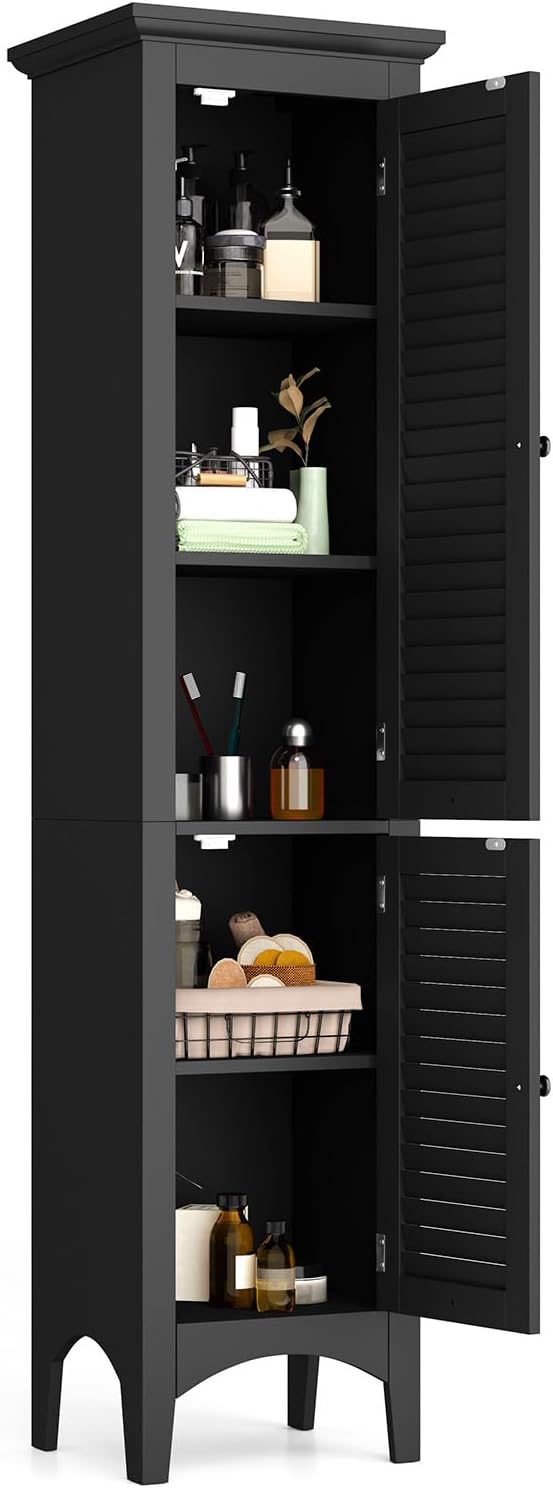 Tangkula 63' Tall Bathroom Storage Cabinet, Freestanding Narrow Linen Tower with Adjustable Shelf, Modern Slim Floor Cabinet with 2 Doors for Bathroom, Living Room, Kitchen (Black)