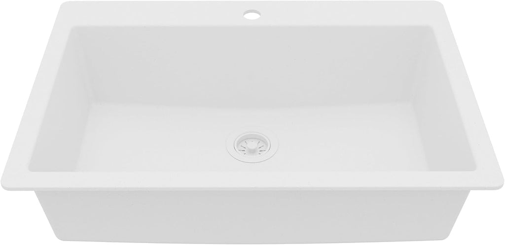 Karran 33' Drop-In Top Mount Quartz Composite Single Bowl Kitchen Sink in White – Extra Deep 9' Basin, Heat Resistant, Sound Dampening, Easy Clean Surface