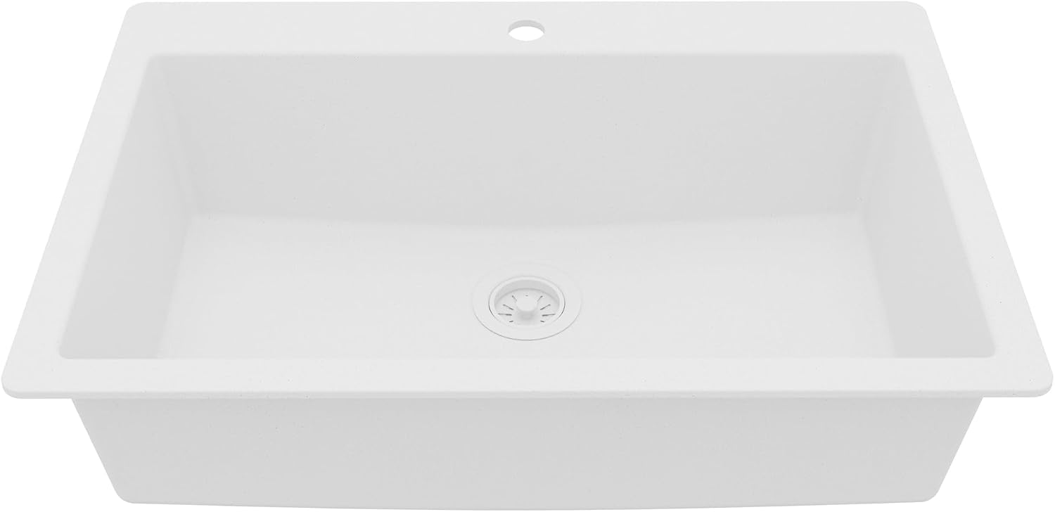 Karran 33' Drop-In Top Mount Quartz Composite Single Bowl Kitchen Sink in White – Extra Deep 9' Basin, Heat Resistant, Sound Dampening, Easy Clean Surface