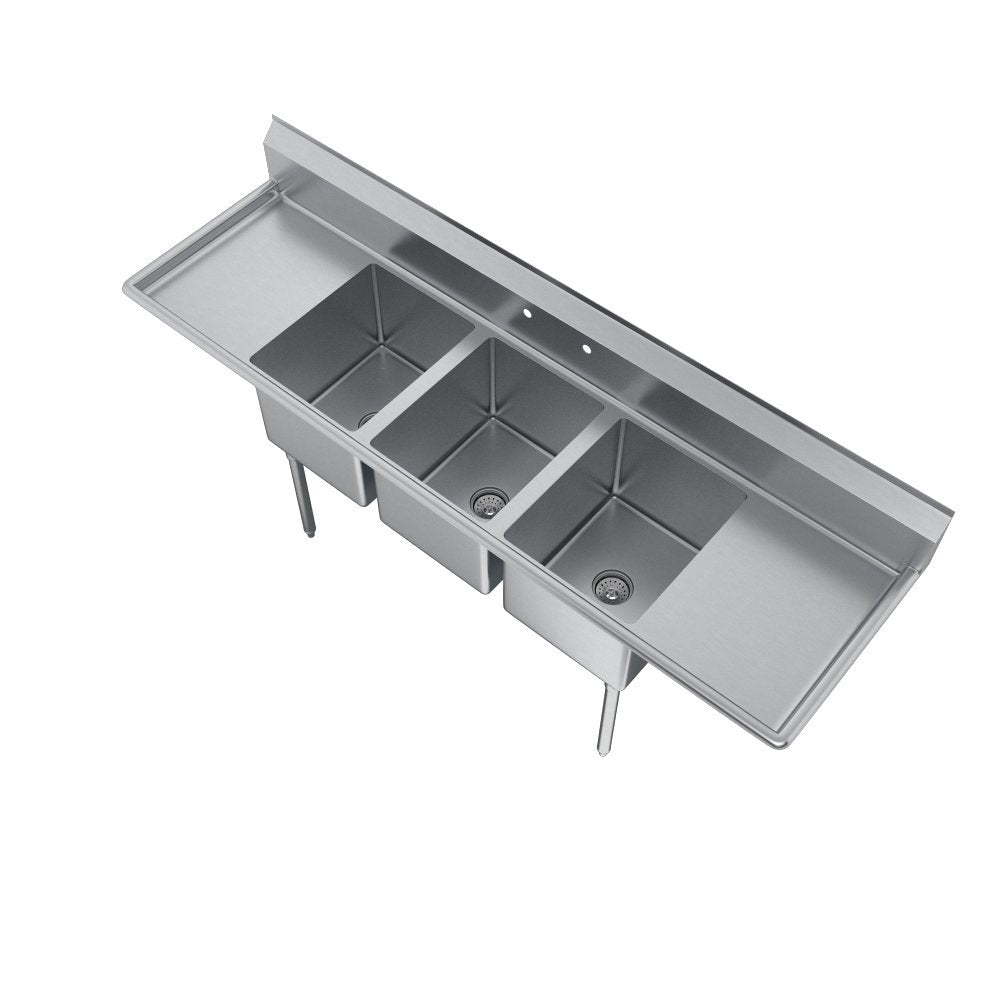 Elkay Foodservice 3 Compartment Sink, 124'X29.75' OA, 36' Working Height, 24X24 Bowl, 12 Deep, 9.75' Backsplash, Left & Right 24' Drainboards, 8' On Center Faucet Hole, Galvinized Legs, Adjustable Feet, 18 Gauge 300 Series Stainless Steel, NSF Certified