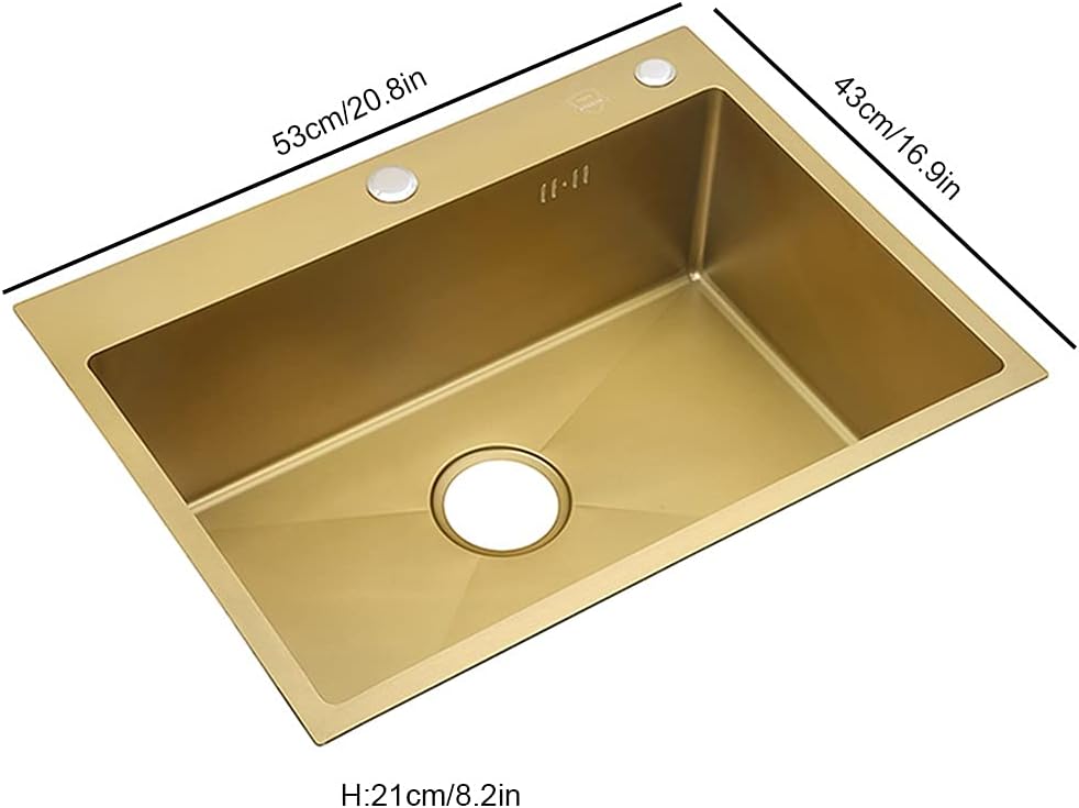 Kitchen Sink Stainless Steel Brushed Gold Single Bowl with Curved Faucet and Installation Kit Drop-in Or Undermount (Color : Gold, Size : 53×43×21cm) (Gold 53×43×21cm)