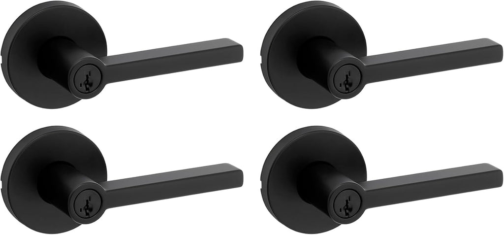 Kwikset Halifax Entry Door Handle with Lock and Key, Secure Keyed Reversible Lever Exterior, for Front Entrance and Bedrooms, Matte Black, 4 Pack, Pick Resistant SmartKey Rekey Security and Microban