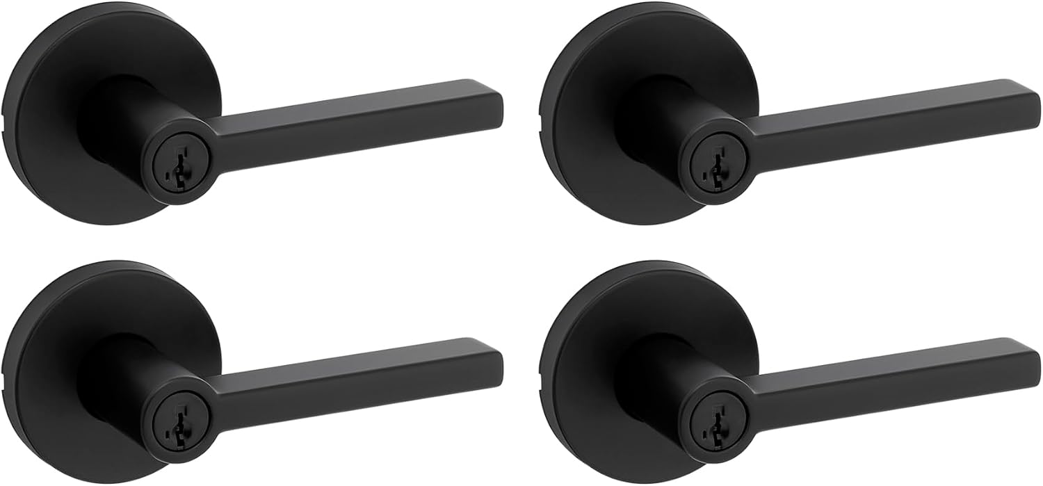 Kwikset Halifax Entry Door Handle with Lock and Key, Secure Keyed Reversible Lever Exterior, for Front Entrance and Bedrooms, Matte Black, 4 Pack, Pick Resistant SmartKey Rekey Security and Microban