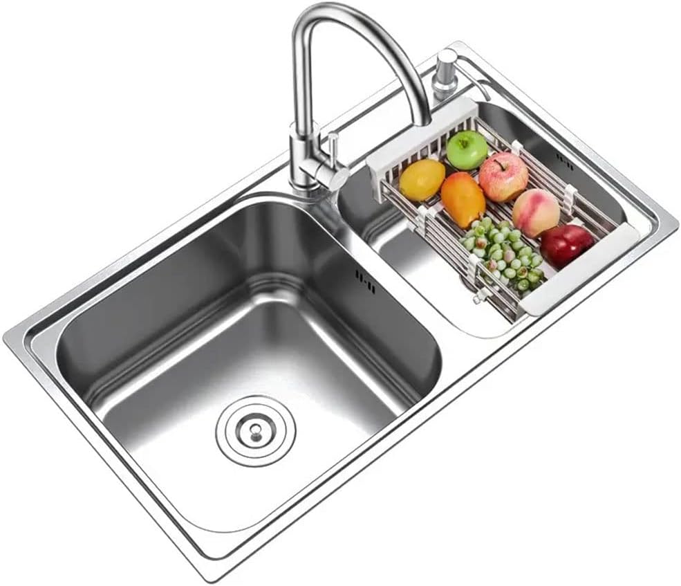 Double Bowl Kitchen Sink 2-Hole Drop-in, 304 Stainless Steel Handmade Bar Prep Sink with Strainer, Top-Mount Workstation Sink (Color : Silver-D, Size : 72x39cm) (SilverC 81x43cm)