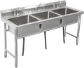 Stainless Steel Triple Bowl Kitchen Sink, Commercial Kitchen Prep & Utility Sink Free Standing Utility Sink (120X60cm/47.2X23.6in)