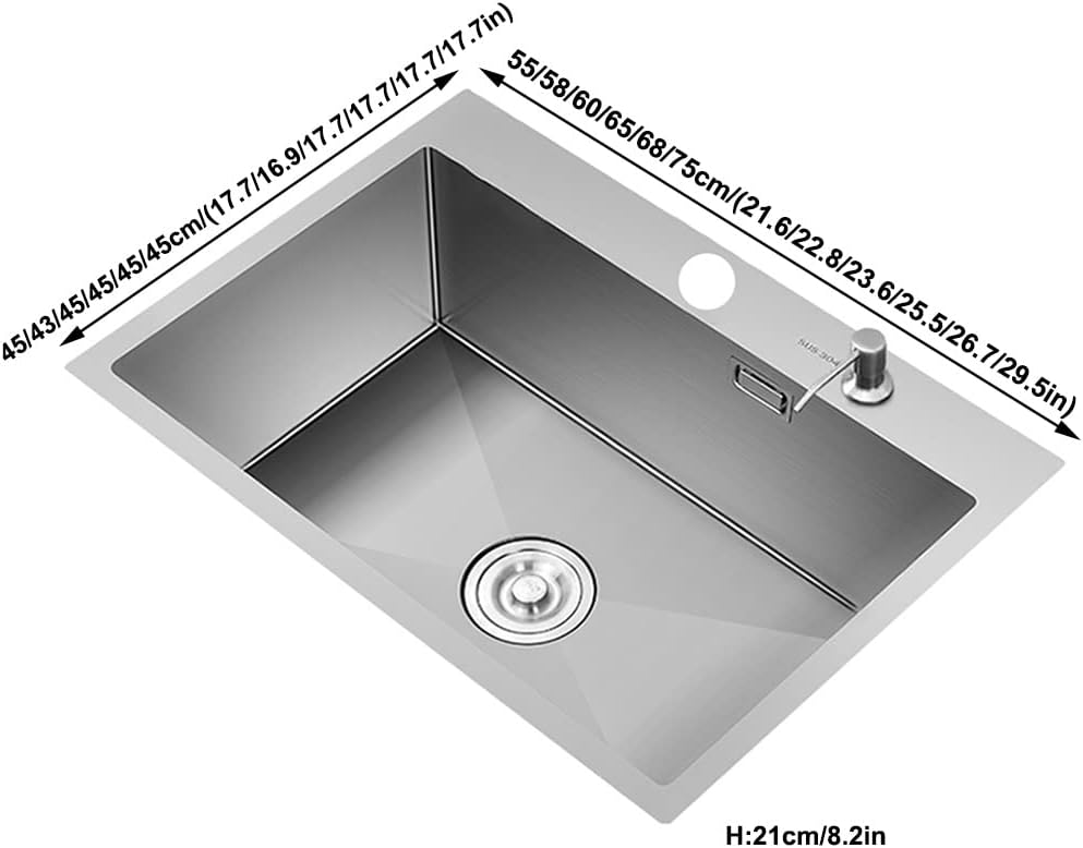 Stainless Steel Metal Sink Single Bowl Kitchen Bar Sink Wet Bar & Prep Sink with Drain Top Mount Or Kitchen Essentials (Silver 55x45x21cm)