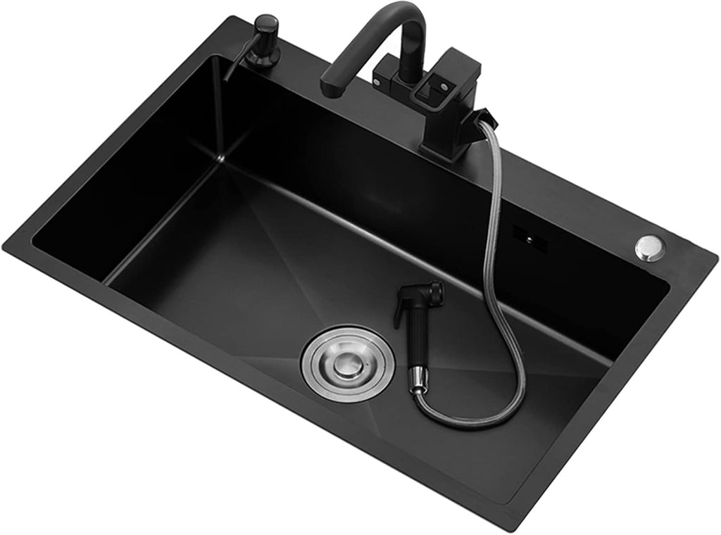 304 Stainless Steel Kitchen Sink Black Single Bowl Bar Sink Household Handmade RV Sink with Multi-Functional Pull-Out Faucet and Drainage Kit Top Mount Or Undermount (Black 50x45x22cm)