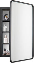 Black Bathroom Medicine Cabinet with Mirror 17 x 27 Metal Frame Recessed Or Wall Mounted Single Door Storage Medicine Cabinets with Adjustable Shelves Rounded Corner Beveled Mirrors