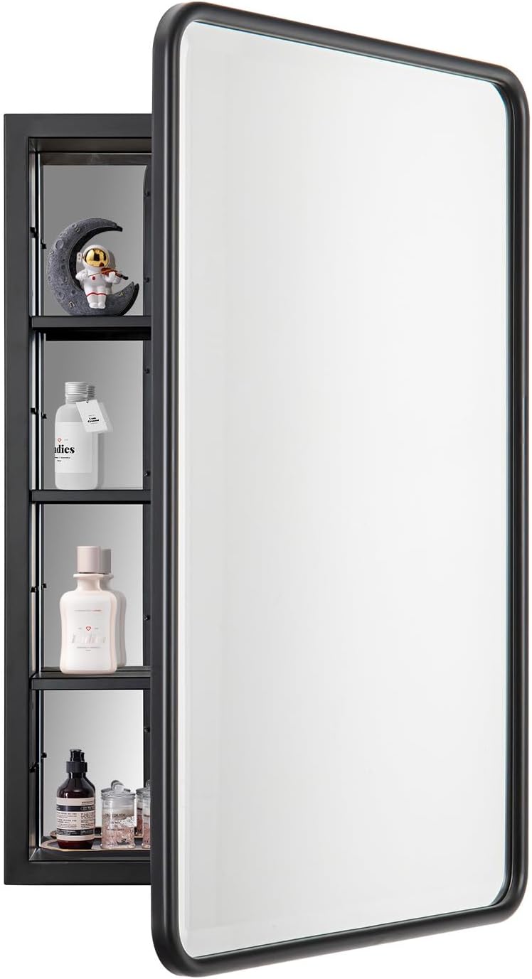 Black Bathroom Medicine Cabinet with Mirror 17 x 27 Metal Frame Recessed Or Wall Mounted Single Door Storage Medicine Cabinets with Adjustable Shelves Rounded Corner Beveled Mirrors