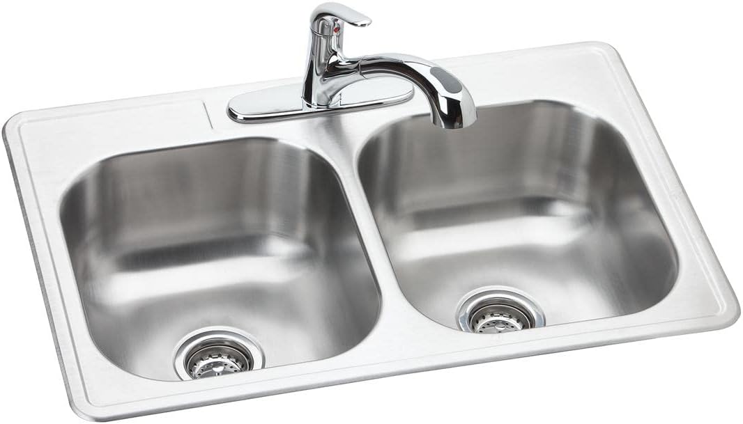 Dayton Stainless Steel 33' x 22' x 8-1/16', 3-Hole Equal Double Bowl Drop-in Sink and Faucet Kit