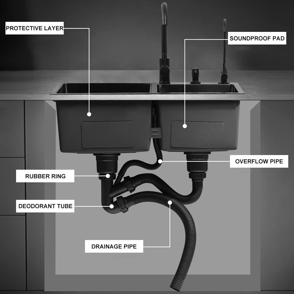 OM Black Nano Double Bowl Kitchen Sink Multifunctional Stainless Steel Bar Sink with Pull-Out Faucet Drain Basket Soap Dispenser Drainage Component (Black-72x40x21cm