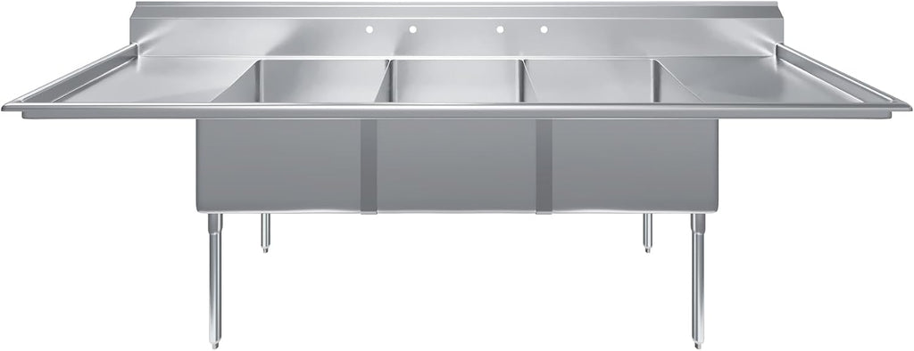 120 in. x 30 in. Stainless Steel Three Compartment Sink with 24 in. x 24 in. x 14 in. Bowls and Dual 24 in. Drainboards