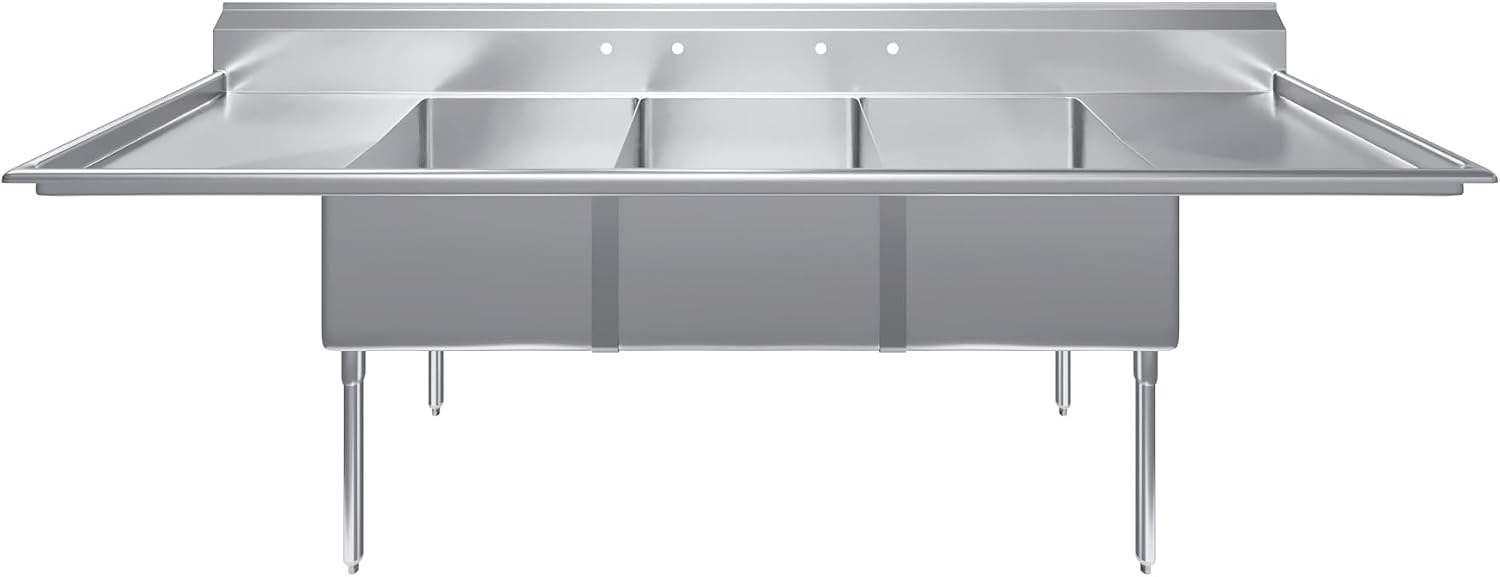 120 in. x 30 in. Stainless Steel Three Compartment Sink with 24 in. x 24 in. x 14 in. Bowls and Dual 24 in. Drainboards