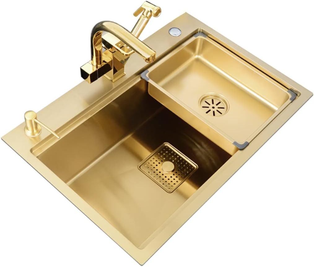 Kitchen Sink Single Bowl Bar Prep Gold Stainless Steel Drop-in Or Undermount Single Bowl RV Sink with Cutting Board (Color : Gold, Size : 60x46x22cm) (Gold 60x46x22cm)