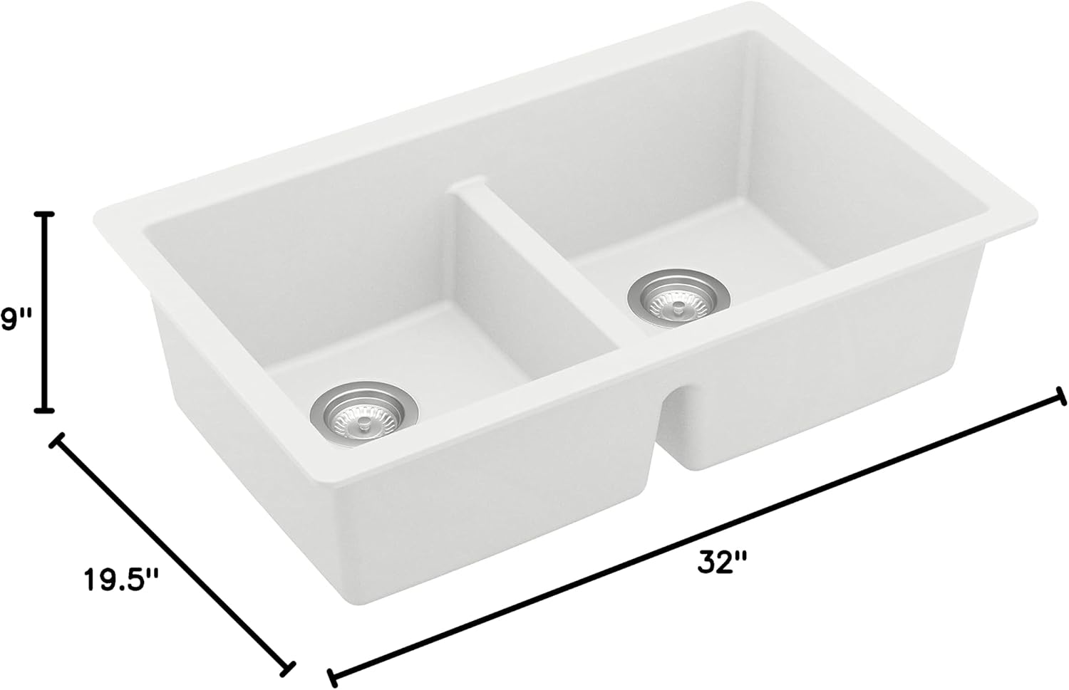 Karran 32' White Quartz Composite Undermount Double Bowl Kitchen Sink with Low Divider – 50/50 Equal Bowl, 535°F Heat Resistant, Sound Dampening, QU-810