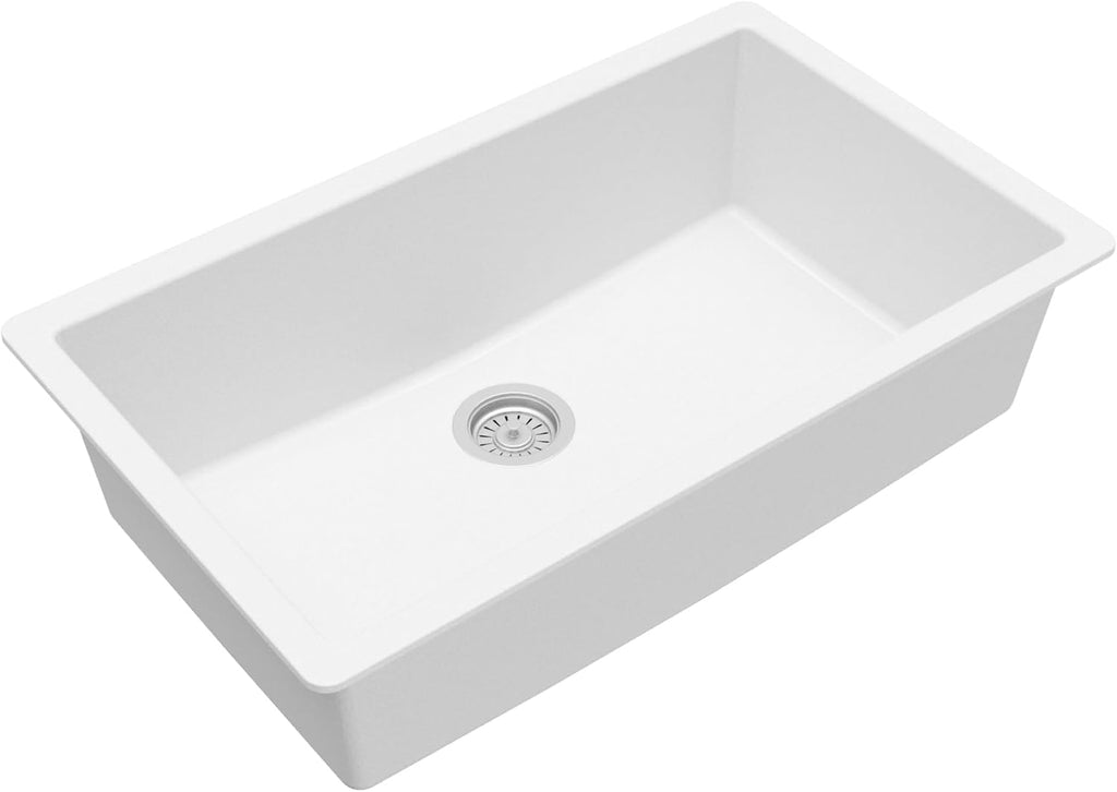 Karran Undermount 33' Large Single Bowl Granite Quartz Composite Kitchen Sink in Concrete – Extra Deep 9' Basin, Heat & Scratch Resistant, Sound Dampening, Rear Drain – QU-812