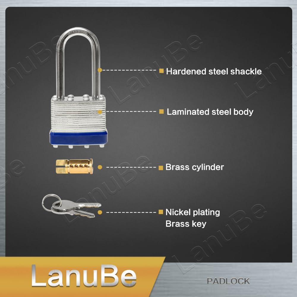 LanuBe Laminated Padlock 1-9/16inch (40mm) Long Shackle 100 Pack Keyed Alike, Blue Plastic Hoop, Bulk Locks for Warehouse, School