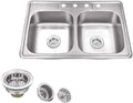 Kitchen Sink Stainless Steel Drop in Top Mount 33' x 22', 4 Hole (33 inch Drop-in Topmount 50/50 Double Bowl with Strainers)