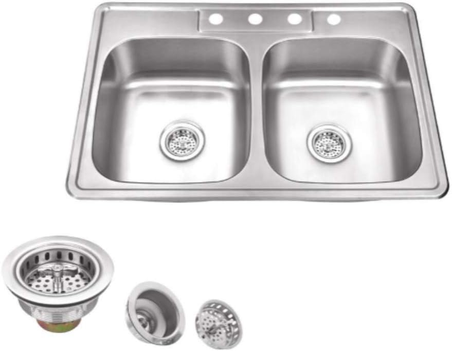 Kitchen Sink Stainless Steel Drop in Top Mount 33' x 22', 4 Hole (33 inch Drop-in Topmount 50/50 Double Bowl with Strainers)