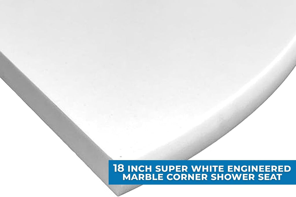 18' Super White Engineered Marble Corner Shower Seat – Floating or Solid Mount Bathroom Bench, Wall Mounted Shelf & Caddy for Showers, Classic Flatback Design
