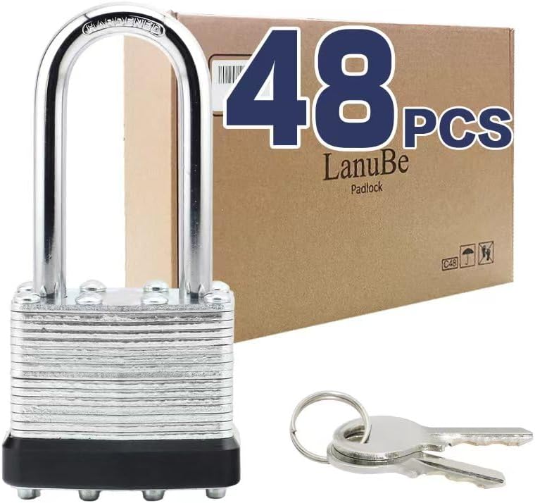 LanuBe Lock Laminated keyed Padlock (1-9/16', 40mm), keyed Alike Locks, Long Shackle,Marked Black Plastic Hoop, Pack of 48