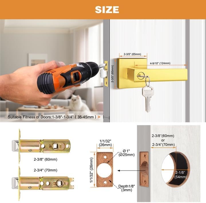 Probrico Different Keys Door Handles 5 Pack, Gold Entry Square Levers with Keyed Differently Lock for Home