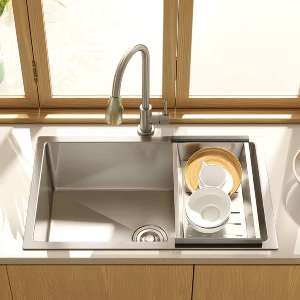 Kitchen Sinks, Sussingle Bowl Kitchen Sink Brushed Bar Prep Sink Rv Sink Laundry Tub for Indoor Outdoor with Faucet & Drain Assembly Drop in or Undermount (A-68 * 45 * 21Cm