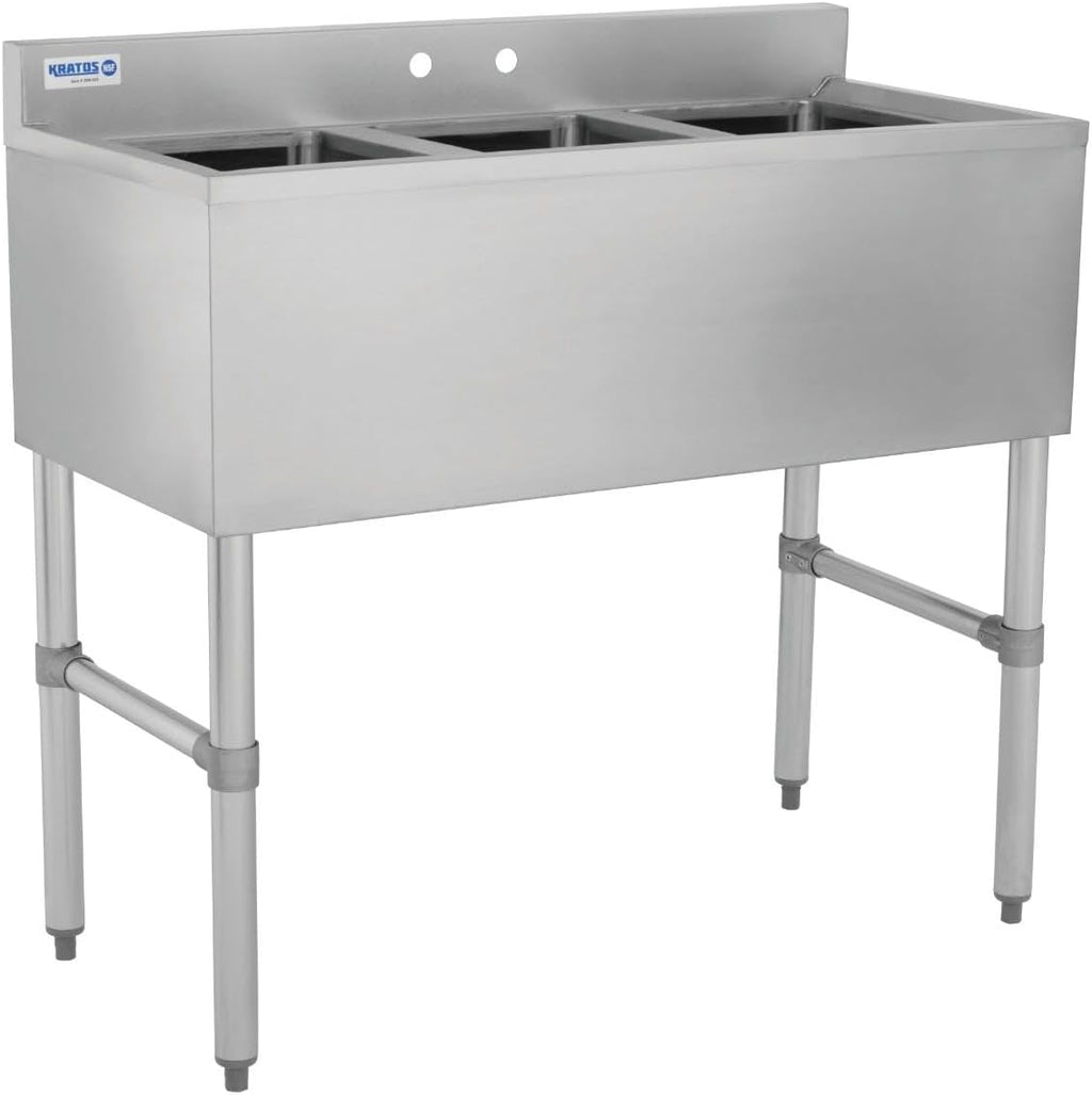 Kratos Commercial Restaurant Sink, 3-Bowl Underbar Compartment Sink with 2 Drainboards, 60'x18.75' (29N-036)