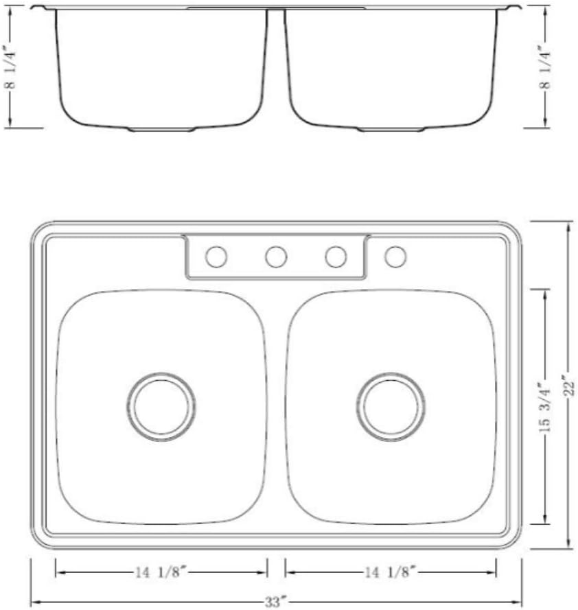 Kitchen Sink Stainless Steel Drop in Top Mount 33' x 22', 4 Hole (33 inch Drop-in Topmount 50/50 Double Bowl with Strainers)