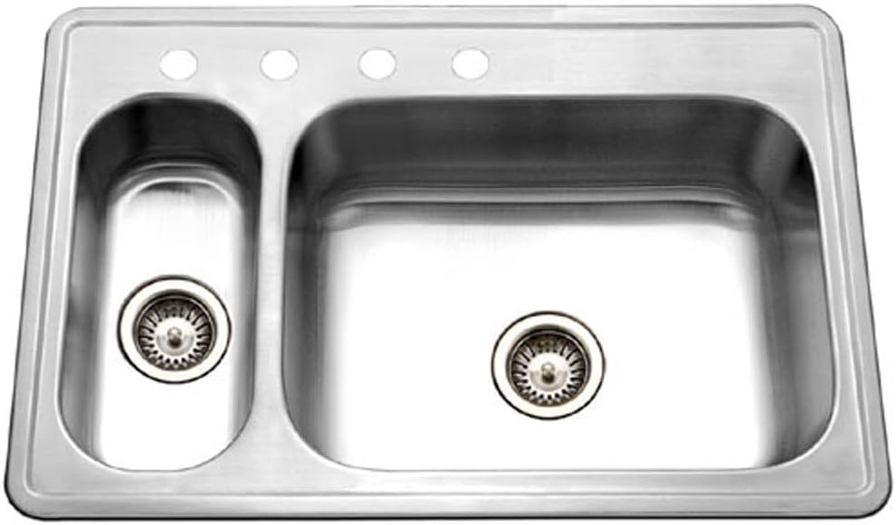 Houzer Legend 33 inch Stainless Steel Topmount 4-hole 80/20 Double Small Left Bowl Kitchen Sink with Strainer - LHD-3322-1