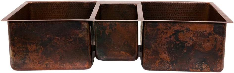 Premier Copper Products KTDB422210 42-Inch Hammered Copper Kitchen Triple Basin Sink, Oil Rubbed Bronze