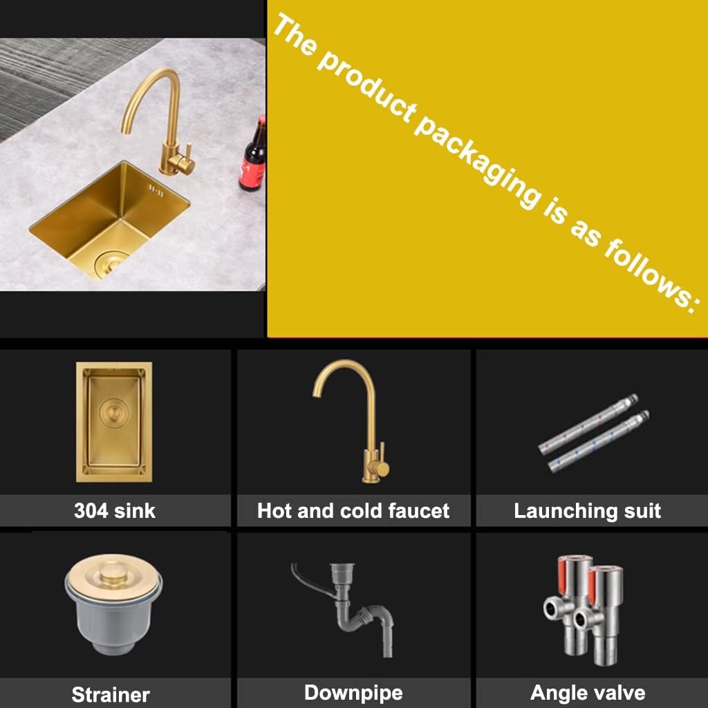 Kitchen Sink Brushed Gold Single Bowl Stainless Steel Square with Big Bend Faucet & Drainage Components Drop in Or Undermount (Color : Gold, Size : 43x26x22cm) (Gold 43x26x22cm)