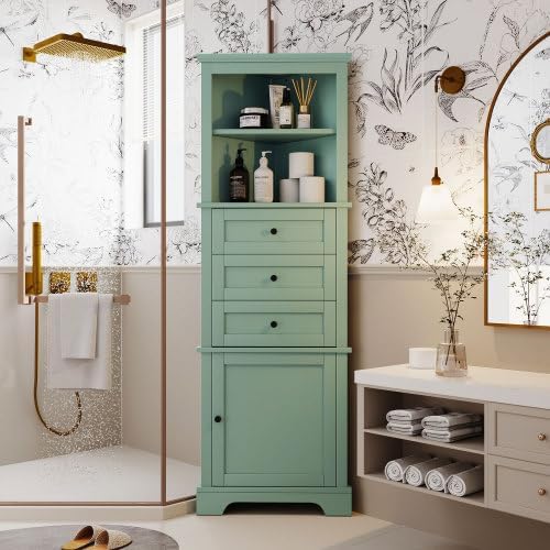 Bellemave Tall Bathroom Cabinet with 3 Drawers and Adjustable Shelves, Freestanding Floor Triangle Corner Cabinet for Bathroom, Living Room (Green)