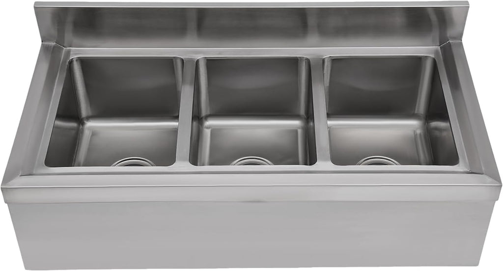 Stainless Steel Utility Sink, Triple Bowl Freestanding Commercial Kitchen Sink with Hot & Cold Faucet, 3 Compartment Utility Sink for Restaurant Garage Laundry, L38*W18.5*H37in