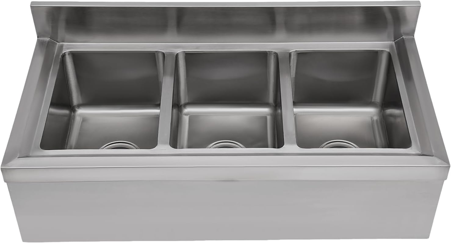 Stainless Steel Utility Sink, Triple Bowl Freestanding Commercial Kitchen Sink with Hot & Cold Faucet, 3 Compartment Utility Sink for Restaurant Garage Laundry, L38*W18.5*H37in