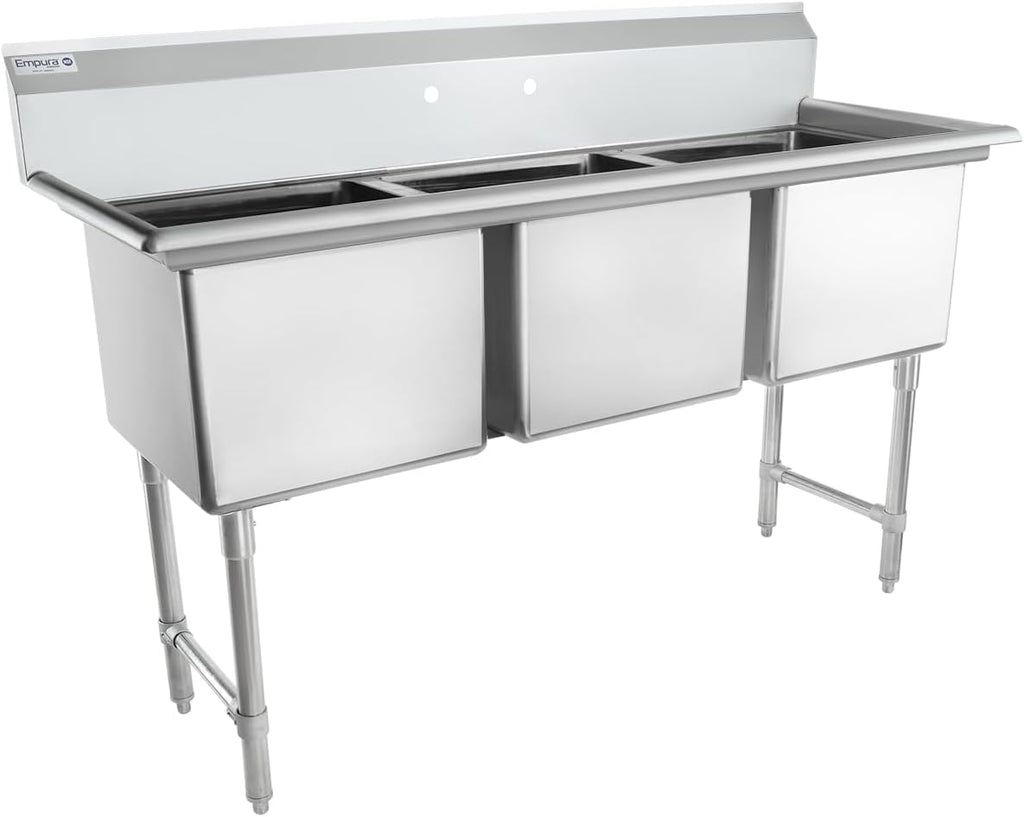 Empura 63' Wide Stainless Steel Three Compartment Commercial Sink | Prep Utility 18' x 18' Bowl for Restaurant Laundry | 3.5' Drain Basket, 9.75' Backsplash, 63'W x 23.5'D x 44.25'H, 16 Gauge, NSF
