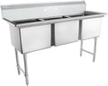 Empura 63' Wide Stainless Steel Three Compartment Commercial Sink | Prep Utility 18' x 18' Bowl for Restaurant Laundry | 3.5' Drain Basket, 9.75' Backsplash, 63'W x 23.5'D x 44.25'H, 16 Gauge, NSF