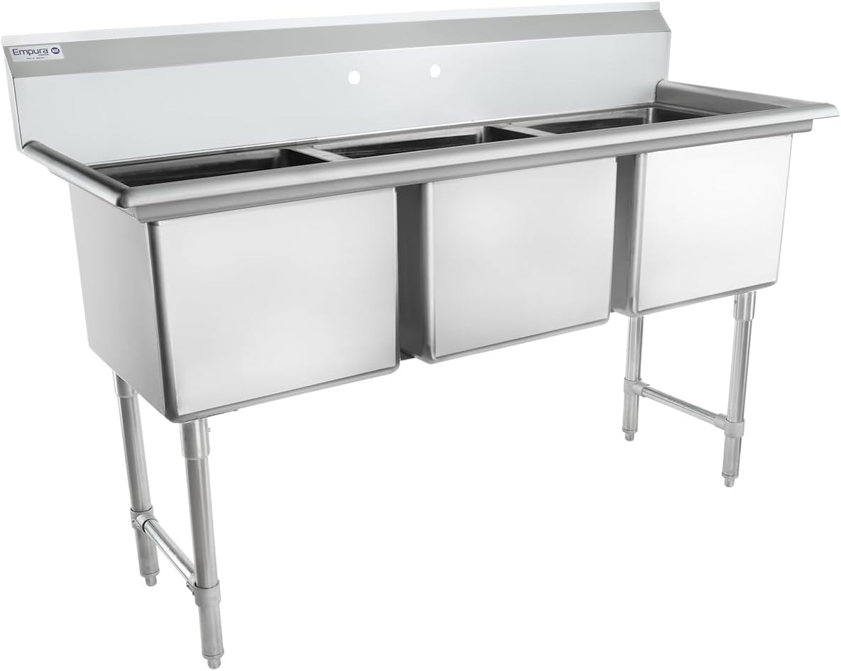 Empura 63' Wide Stainless Steel Three Compartment Commercial Sink | Prep Utility 18' x 18' Bowl for Restaurant Laundry | 3.5' Drain Basket, 9.75' Backsplash, 63'W x 23.5'D x 44.25'H, 16 Gauge, NSF