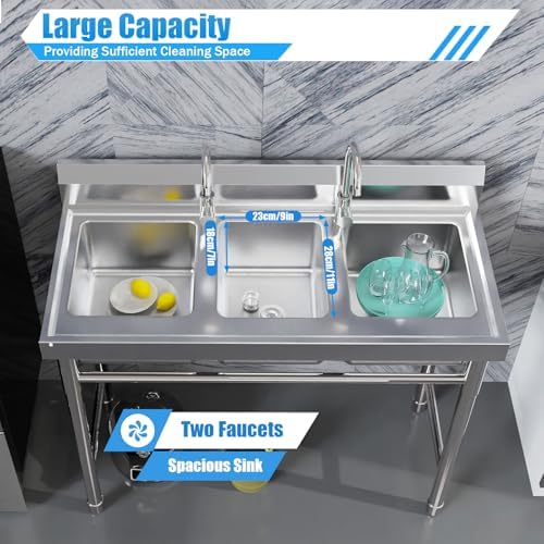3-Compartment Sink, Stainless Steel Utility Sink with Hot & Cold Faucets, Freestanding Commercial Triple Bowl Kitchen Sink for Bars and Kitchens