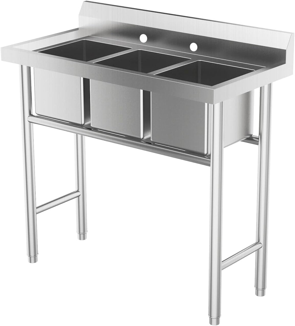 ROVSUN 3-Compartment Commercial Sink, Stainless Steel Utility Tub Sink with Leg, Freestanding Kitchen Sink for Restaurant Laundry Room Garage Outdoor, 39'D x 17.7'W x 40.2'H, Silver