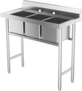 ROVSUN 3-Compartment Commercial Sink, Stainless Steel Utility Tub Sink with Leg, Freestanding Kitchen Sink for Restaurant Laundry Room Garage Outdoor, 39'D x 17.7'W x 40.2'H, Silver